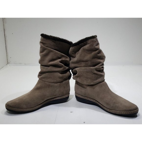 Stuart Weitzman Suede Leather Mid-Calf Boots Brown Slouchy Faux Fur Taupe 7M - Picture 6 of 10